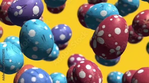 Colorful Easter eggs falling yellow background