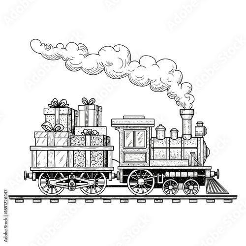 Vintage Steam Train Carrying Stack of Gift Boxes