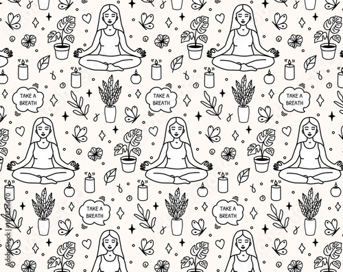 Seamless pattern yoga meditation woman with plants candles butterflies hand drawn style vector black and white perfect for textile wallpaper packaging wellness design
