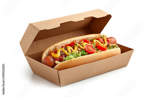 Delicious Hot Dog with Vegetables in Takeaway Box isolated on white