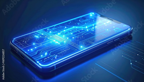 A digital hologram of a futuristic smartphone with a blue light circuit board on a dark blue background, concept of modern technology and connectivity