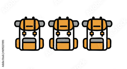 Set of three colorful cartoon backpacks, perfect for travel, hiking, and outdoor adventures, symbolizing journey and exploration with a minimalist design