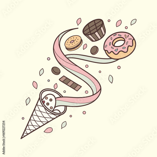 Sweets Addiction Whimsical Illustration of Melting Ice Cream Cone with Flying Donuts and Cupcakes on Light Background, Surreal Fantasy Dessert Artwork, Playful Sweet Food Concept, Fun Cartoon Pastry 