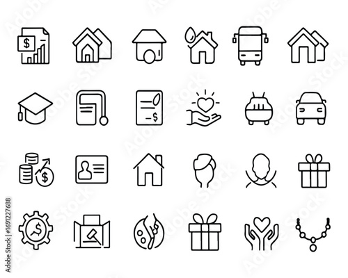 Set of outline icons related to common monthly expenses. Linear icon collection
