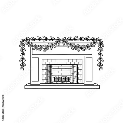 Detailed Black and White Fireplace with Garland