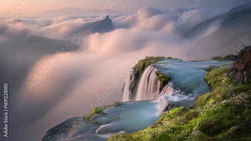 Wallpaper Mural Majestic waterfall cascading over a lush green cliff edge into a misty cloud sea at sunrise Torontodigital.ca