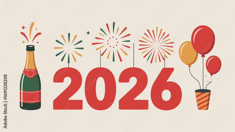 Obraz premium Champagne celebration with fireworks and balloons marks the arrival of 2026 with festive joy