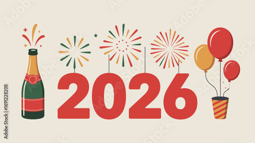 Champagne celebration with fireworks and balloons marks the arrival of 2026 with festive joy