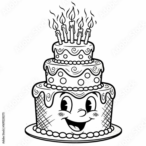 Happy Two-Layered Birthday Cake with Candles Cartoon Illustration