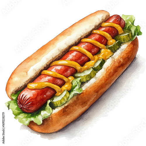 watercolor vector of Hot Dog, isolated on a white background.