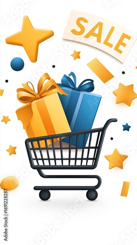 Bright and colorful shopping cart with gifts featuring sale announcement for a promotion. Vertical banner with Sale text