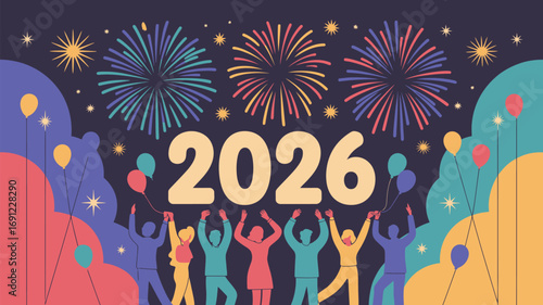 Celebrate New Year 2026 with vibrant fireworks and joyful people, a festive scene of hope and excitement