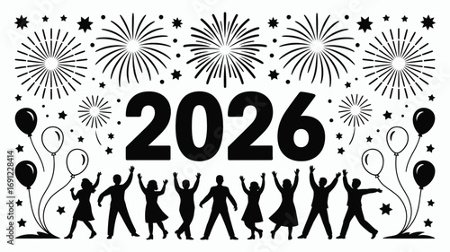 Celebrate exciting 2026 New Year with vibrant fireworks, balloons, and joyful people dancing
