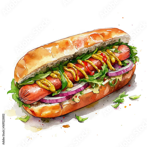 Hot Dog, watercolor illustration vector, isolated on a white background.