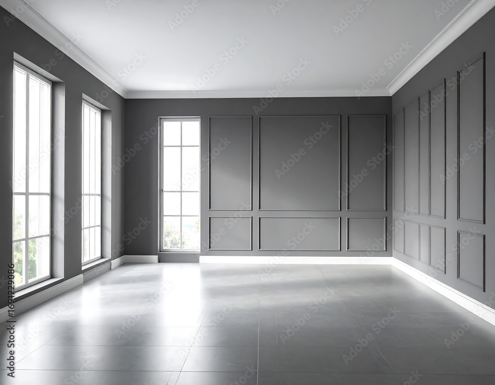 Obraz premium Empty, modern, gray room with large windows