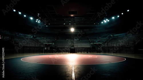 Stunning photo of spotlit Wrestling Mat in an Empty Arena.