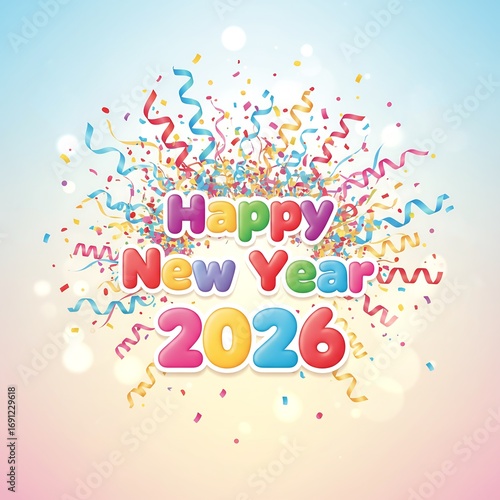 Happy new year 2026 with colorful confetti and streamers
