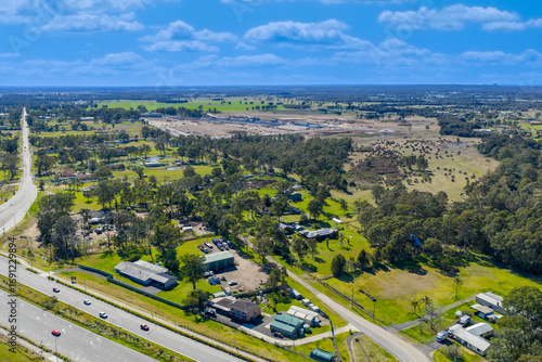 Photography Drone aerial photograph of a large construction site near to the new Western Sydney International Airport in the Greater Western Sydney suburb of Badgerys Creek in New South Wales, Australia