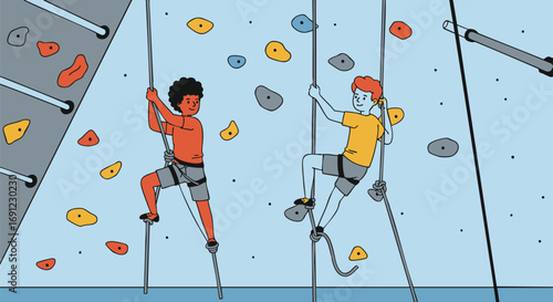 Illustrative scene of two diverse climbers, male and female, mastering an indoor rock climbing wall, showcasing determination, sport, and the thrill of ascent