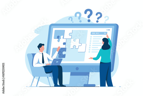 Business team collaborating on digital display screen analyzing data and solving problems together in modern office setting transparent background