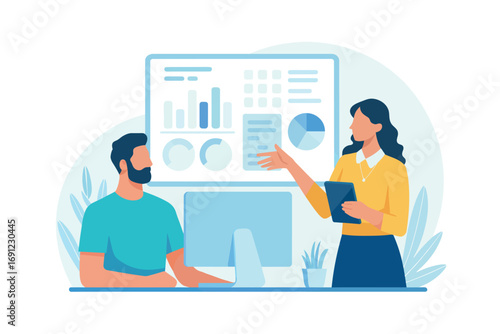 Business meeting presentation of data analytics and financial charts with diverse team members collaborating effectively transparent background