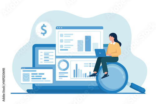 Business analytics concept with woman working on laptop analyzing financial reports and data charts transparent background