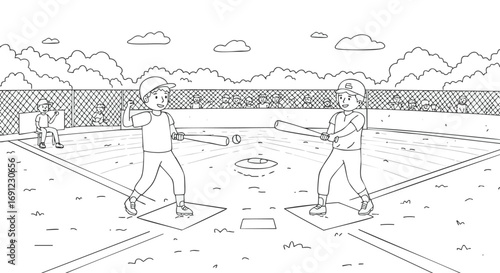 Baseball Game Illustration Two Young Boys Swinging Bats on a Field