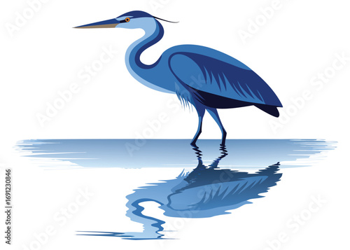 Blue Heron Standing in Water with Reflection silhouette