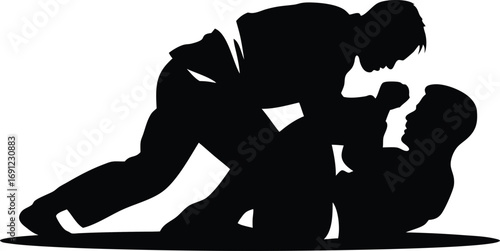Two martial artists grappling during a training session showcasing takedown techniques and ground fighting maneuvers in a silhouette style