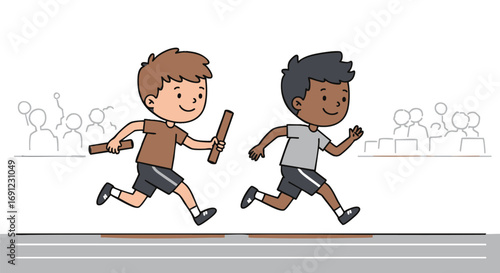 Illustration of two young boys running a relay race, teamwork and competition concept