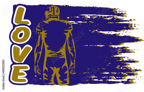 Stylized American football image with gold player silhouette, vertical “LOVE” text and dynamic brushstroke background. Great for sports branding and creative use. , with gold and purple colors,	