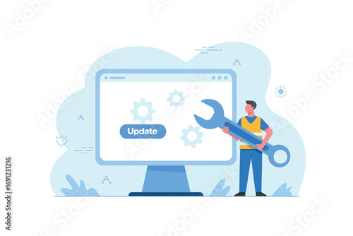 Technician fixing computer screen with wrench software update maintenance system repair concept transparent background