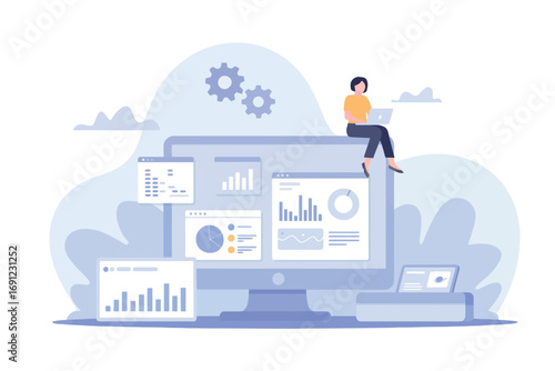 Cloud computing business analytics and data visualization with person working on laptop transparent background