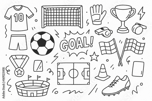 Doodle style illustration of soccer elements in black and white line art isolated on white background