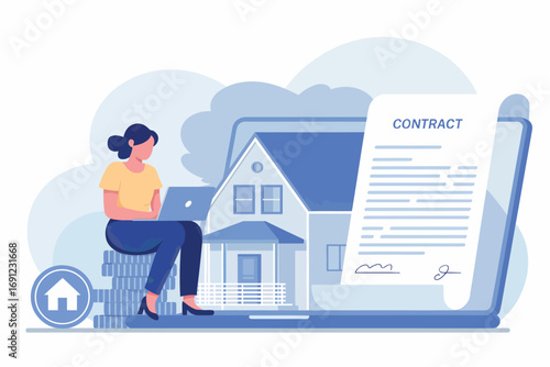 Woman using laptop for online real estate contract signing and house purchase agreement transparent background