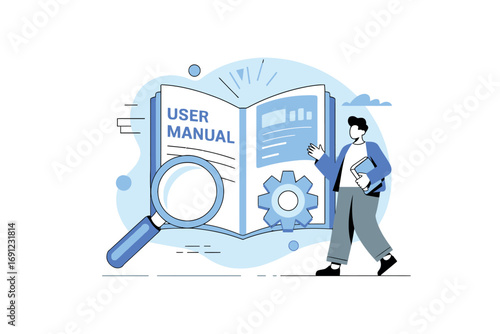 Man studying user manual with magnifying glass symbolizing research and learning concepts transparent background