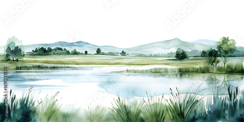 Watercolor landscape panorama of green field with water isolated on a transparent background