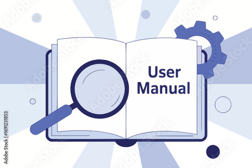 Open user manual book magnifying glass gear symbol for instruction and guidance documentation business concept transparent background