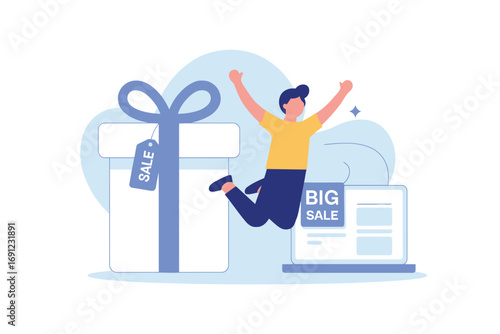 Excited man jumps for joy beside giant gift box and laptop announcing big sale event promotion transparent background