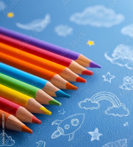 Colorful pencils and whimsical space doodles on blue paper background