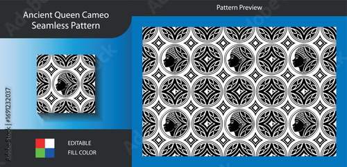 Art of ancient queen cameo seamless pattern this design features a classic cameo motif, evoking a sense of history and elegance in a repeating pattern