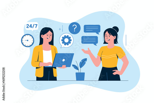 Two professional women offering 24/7 customer support and technical assistance services online transparent background