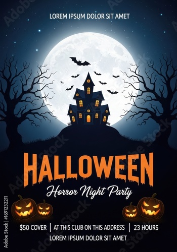 Spooky halloween night party flyer with haunted house, full moon, pumpkins, and bats