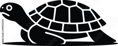A simple black silhouette of a turtle with a patterned shell and a distinct sad expression on its face and body posing on the ground