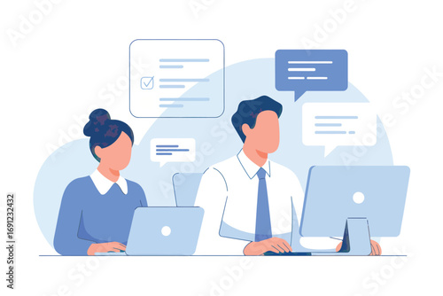 Business professionals collaborating with chat bubbles and laptops for digital communication and teamwork concept transparent background