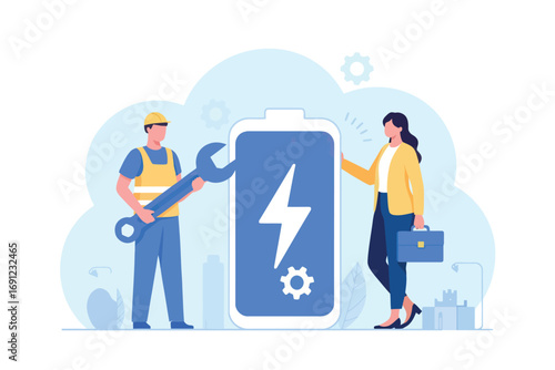 Smartphone battery repair service expertise and professional technician assisting customer with device charging solution transparent background