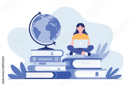 Young woman studying online with laptop on stack of books and globe representing global education transparent background