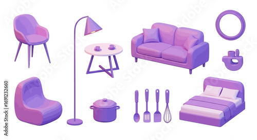 Isometric vector illustration set of modern household furniture and decor. A collection of living room, bedroom, and kitchen items in a vibrant purple palette