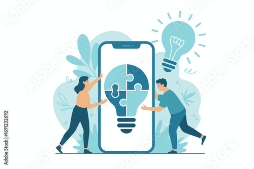Teamwork assembling a puzzle lightbulb on a smartphone screen representing innovation and creative solutions transparent background