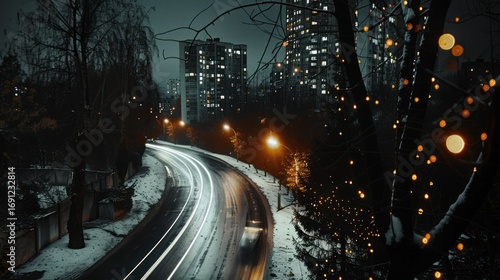 Night Cityscape with Snowy Road and Light Trails in Urban Area